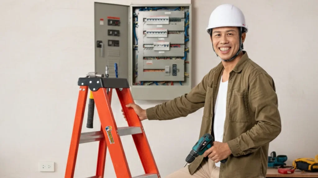 Electrician with Fiberglass Single Sided A-Shape Ladder Fiberglass Ladder Malaysia