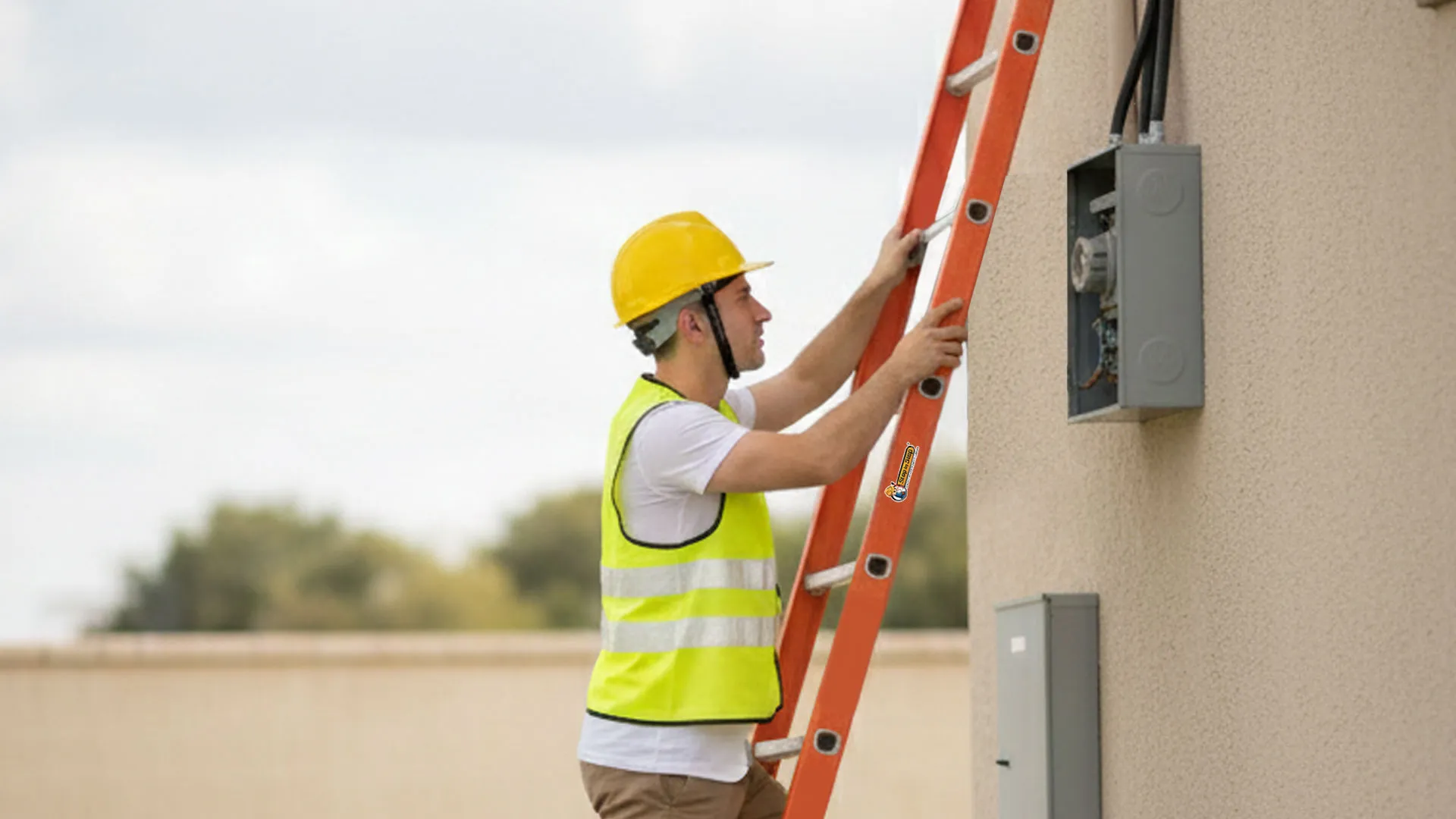 Technician using Fiberglass Single Pole Ladder